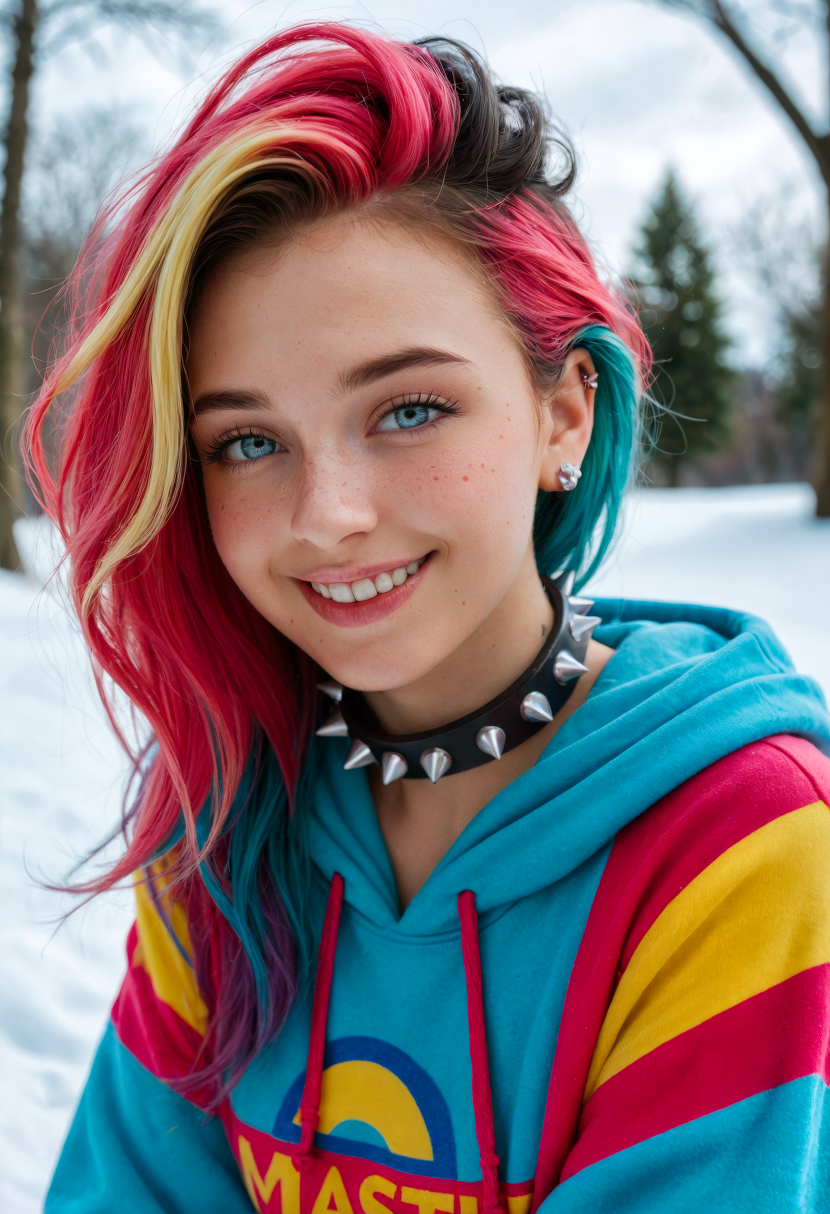 score_9, score_8_up, score_7_up, (masterpiece, best quality, ultra-detailed, realistic), 1girl, solo, 25 years old, perfect face, close view, (adult), sexy, multi coloured hair, spiked hair, ear piercing, spiked collar, colourful hoodie, winter, blush, shy smile, portrait, face focus, depth of field, looking at viewer