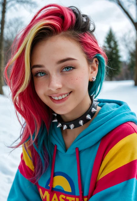 score_9, score_8_up, score_7_up, (masterpiece, best quality, ultra-detailed, realistic), 1girl, solo, 25 years old, perfect face, close view, (adult), sexy, multi coloured hair, spiked hair, ear piercing, spiked collar, colourful hoodie, winter, blush, shy smile, portrait, face focus, depth of field, looking at viewer