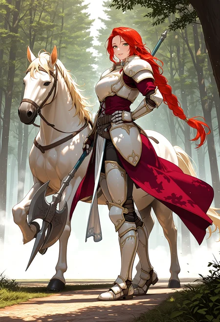 masterpiece, best quality, 3d rendered, realistic, 
one-point perspective, dynamic framing, (from side:0.8), full body,
1girl, solo, handsome, mature,
dfttna, red hair, green eyes, braided ponytail, muscular, four fingers BREAK
standing next to (white horse:0.9), weight on the back leg, feet at 90 degrees to each other, holding halberd down towards the ground, hand on hip, looking at viewer, confident,
armor, shoulder armor, red coat, gauntlets, belt, pelvic curtain, pants, armored boots BREAK
outdoors, forest, path, dappled sunlight, wind, light particles, fog, 
 <lora:fetitania-illu-nvwls-v1:1>,