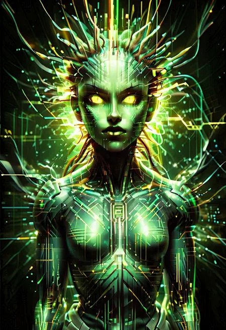 Glitch,digital, glitch style, humanoid figure, shodan, glowing yellow-green eyes, digital data and wires running in the background