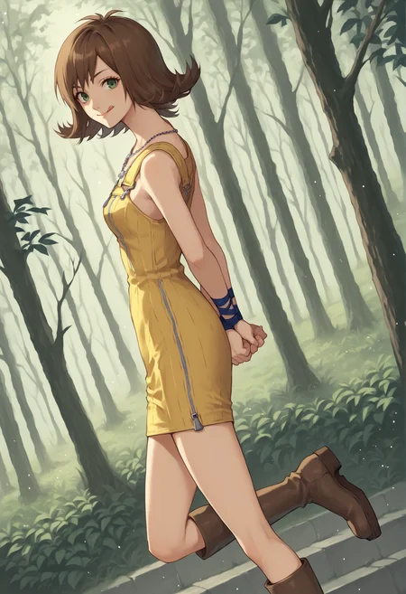 1girl, solo, short hair, brown hair, green eyes, necklace, yellow dress, zipper, wristband, jewelry, boots, arms behind back, smile, tongue out, :p, standing, dutch angle, from side, looking at viewer, outdoors, forest <lora:Selphie:1>, score_9, score_8_up, score_7_up, score_6_up, score_5_up, score_4_up, BREAK source_anime, masterpiece