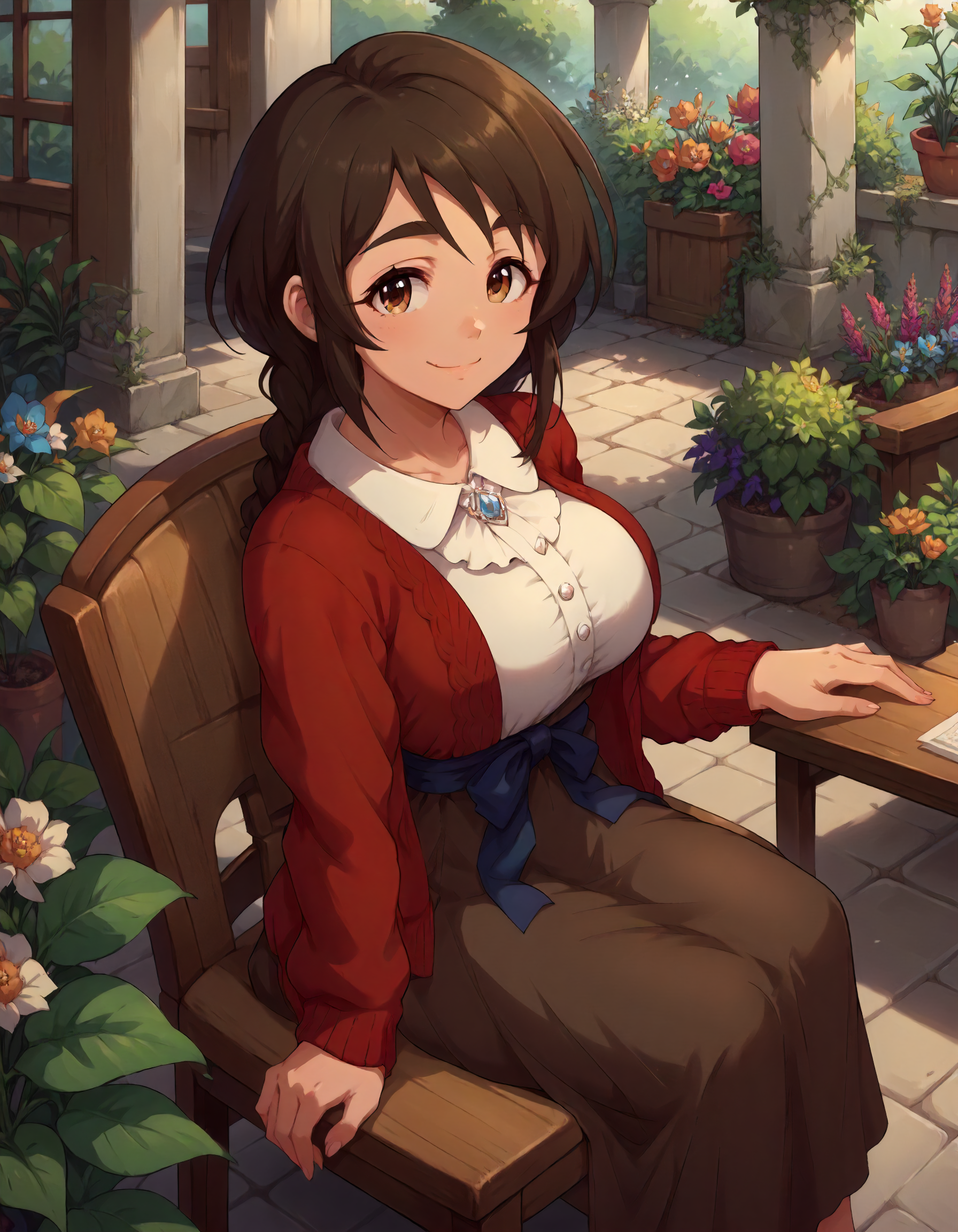 score_9,score_8_up,score_7_up,1girl,solo,sitting,on chair,looking at viewer,smile,closed mouth,garden,
<lora:aiharayukino_ponyXLV6:0.8>,cgayk,brown hair,long braid,thick eyebrows,brown eyes,big breasts,
red cardigan,brown dress