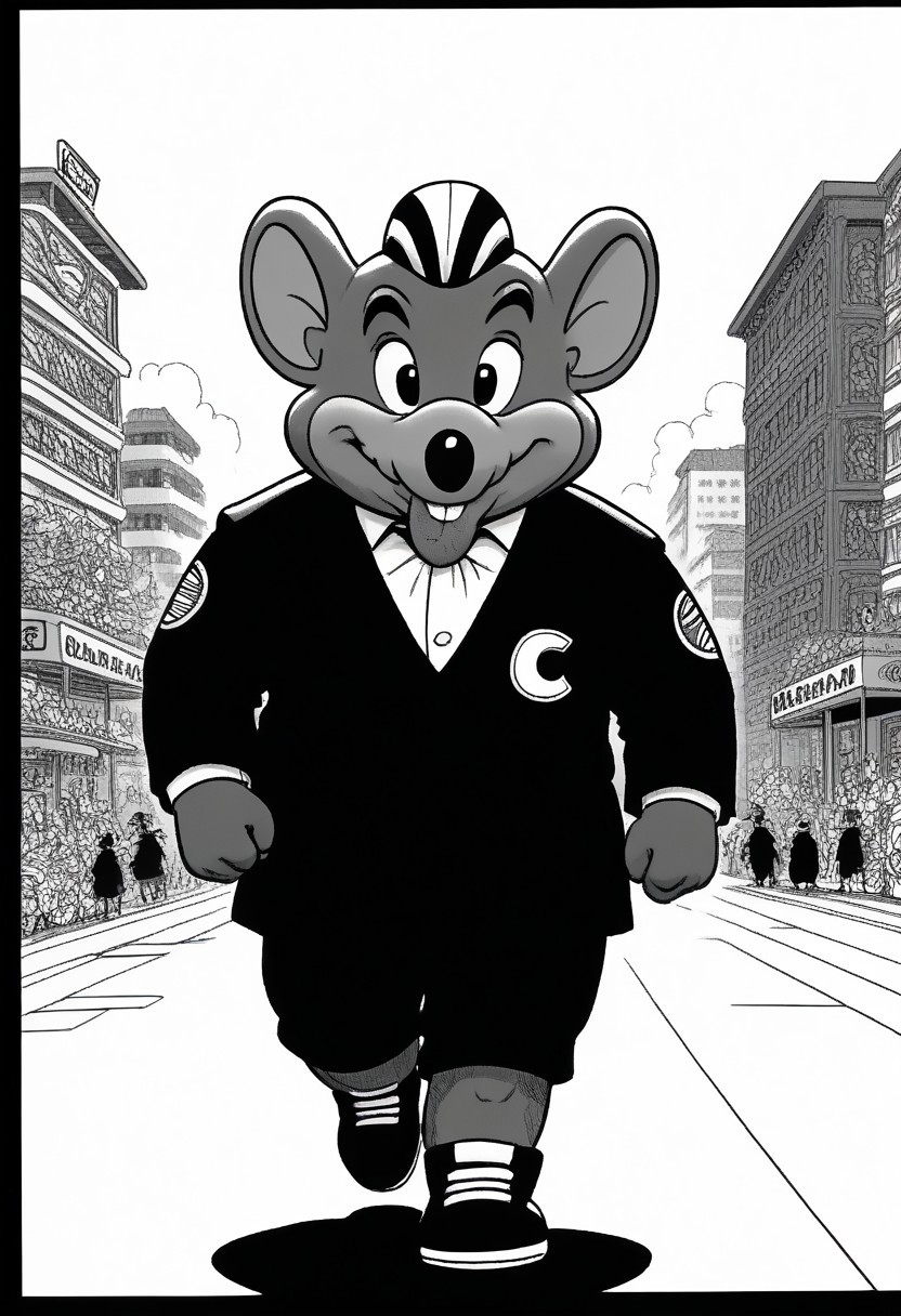 score_9, score_8_up, score_8,   <lora:Charles_Entertainment_Cheese_Avenger_Chuck_E._Cheese_for_PonyXL:0.8> furry, 1boy, chuck3chee3e, mouse boy, male focus, solo, buck teeth, black eyes, wearing Japanese high school boy uniform, toast bead in mouth, running for school, streets of Tokyo ,  monochrome, grayscale, 1980s style title page, title in large flashy letters,