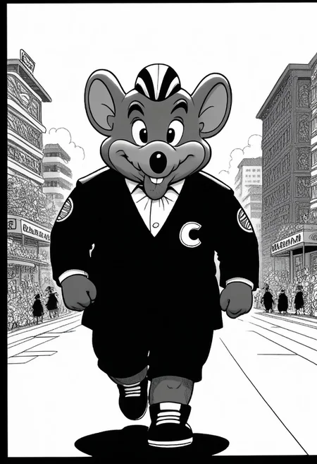score_9, score_8_up, score_8, <lora:Charles_Entertainment_Cheese_Avenger_Chuck_E._Cheese_for_PonyXL:0.8> furry, 1boy, chuck3chee3e, mouse boy, male focus, solo, buck teeth, black eyes, wearing Japanese high school boy uniform, toast bead in mouth, running for school, streets of Tokyo , monochrome, grayscale, 1980s style title page, title in large flashy letters,