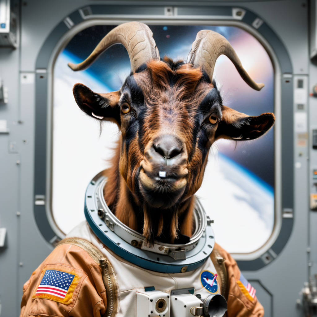 photo in 90's goats01 on a space station in a space suit, cinematic,  Medium long shot, digital painting,  <lora:goats01-xl:1>