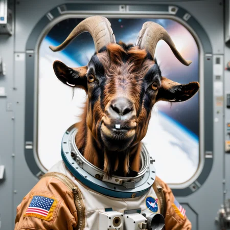 photo in 90's goats01 on a space station in a space suit, cinematic, Medium long shot, digital painting, <lora:goats01-xl:1>