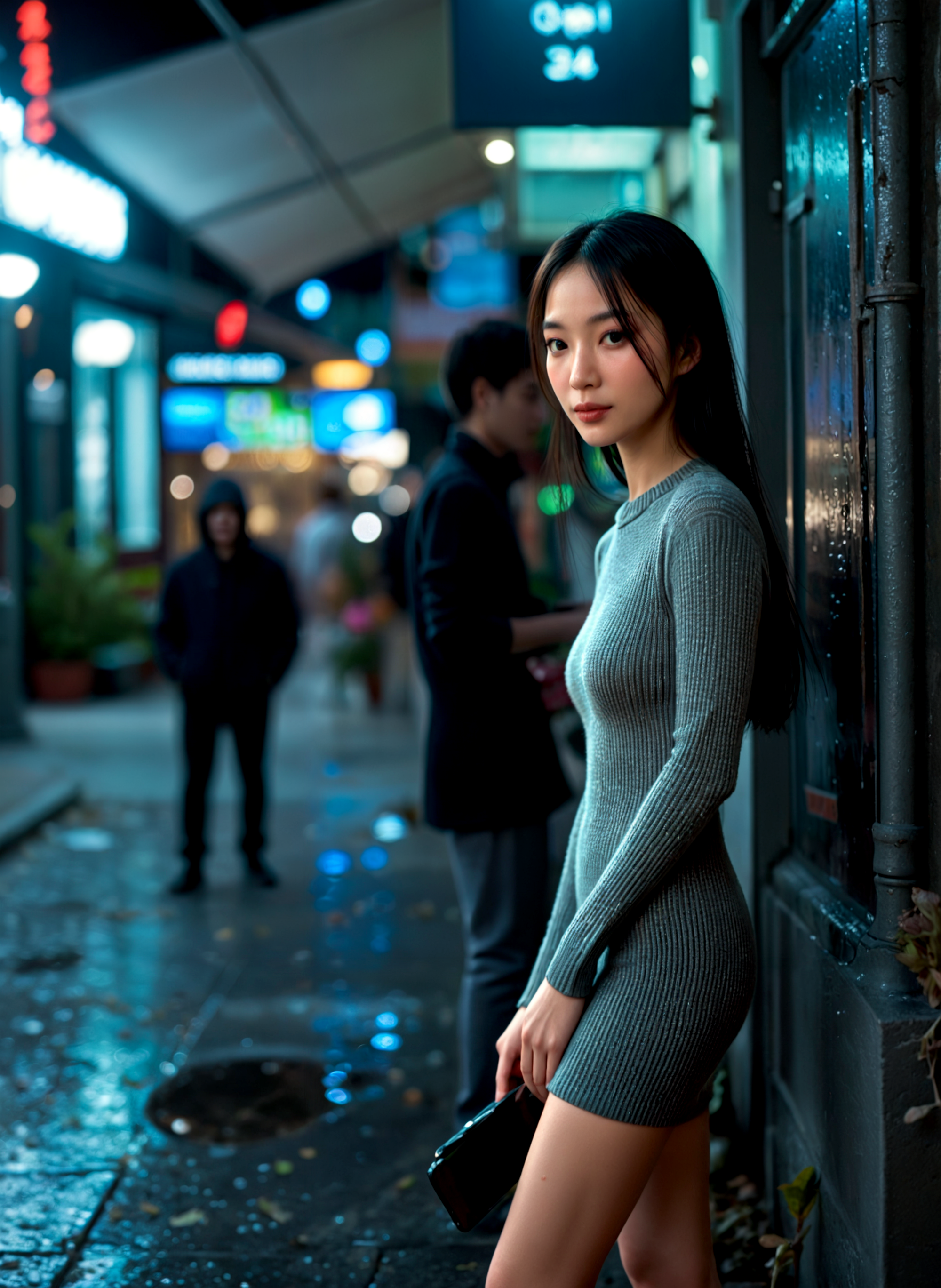 cinematic film still a young woman standing on a sidewalk in a city at night. She is wearing a gray sweater dress and is holding a black purse in her hand. She has long dark hair and is looking directly at the camera with a serious expression. Behind her, there are buildings with colorful neon signs and people walking on the street. The street is wet and there is a puddle of water on the ground. The overall mood of the image is dark and mysterious. Shallow depth of field, vignette, highly detailed, high budget, bokeh, cinemascope, moody, epic, gorgeous, film grain, grainy. <lora:add-detail-xl:.5>  <lora:Flux-style-xl-lora:.5>