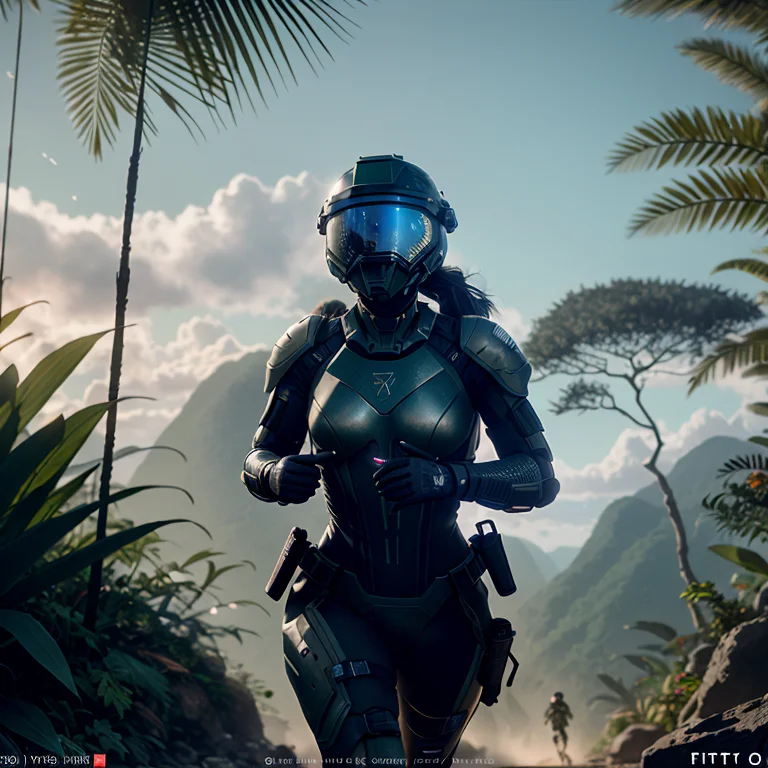 Highly detailed cinematic film still, Hip level shot, of (fit female soldier, wearing high-tech black Exo suit, helmet), running through the jungle, (lush vegetation), (mountains:1.1), (god rays:0.4), dense alien jungle, toned body, (highly detailed, hyperdetailed, intricate), (lens flare:0.4), (bloom:0.5), particle effects, cinematic lighting, (soft lighting:0.6), prominent projected shadows, deep depth of field, (film grain:0.5), photographed on a Leica SL (Typ 601) Mirrorless Digital Camera, 50mm wide angle lens, F2.8 aperture, deep focus, (RAW), cinematic film still from Gravity 2013
