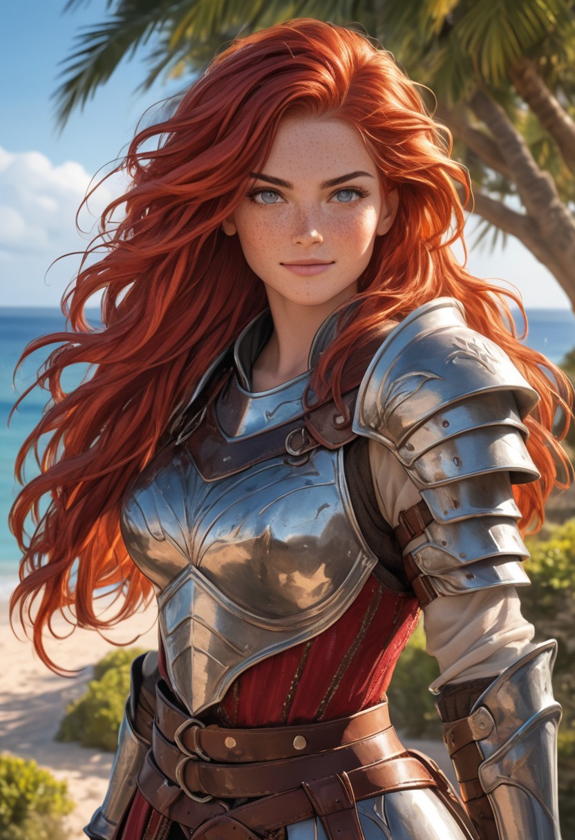 (photorealism:1.5)
heroic female warrior, confident smile, wind blowing her red hair, bkue eyes, detailed light armor, majestic tree in the background, serene coastal village, vibrant colors, high contrast,  cinematic, strong pose, sheer clothes, determined expression, epic, high-definition, adventurous atmosphere
slight freckles, long eyelashes,