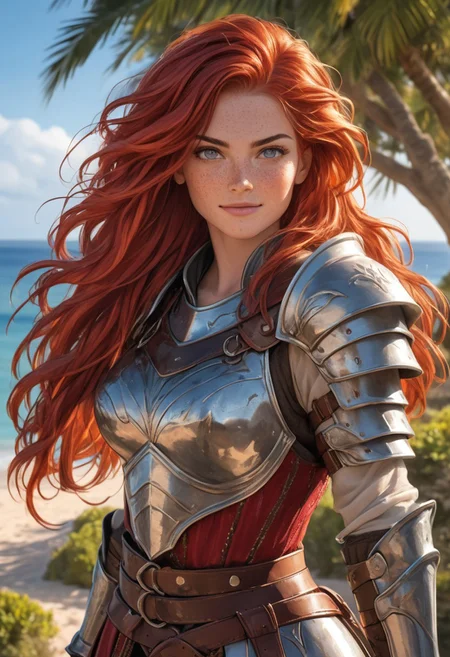 (photorealism:1.5)
heroic female warrior, confident smile, wind blowing her red hair, bkue eyes, detailed light armor, majestic tree in the background, serene coastal village, vibrant colors, high contrast, cinematic, strong pose, sheer clothes, determined expression, epic, high-definition, adventurous atmosphere
slight freckles, long eyelashes,