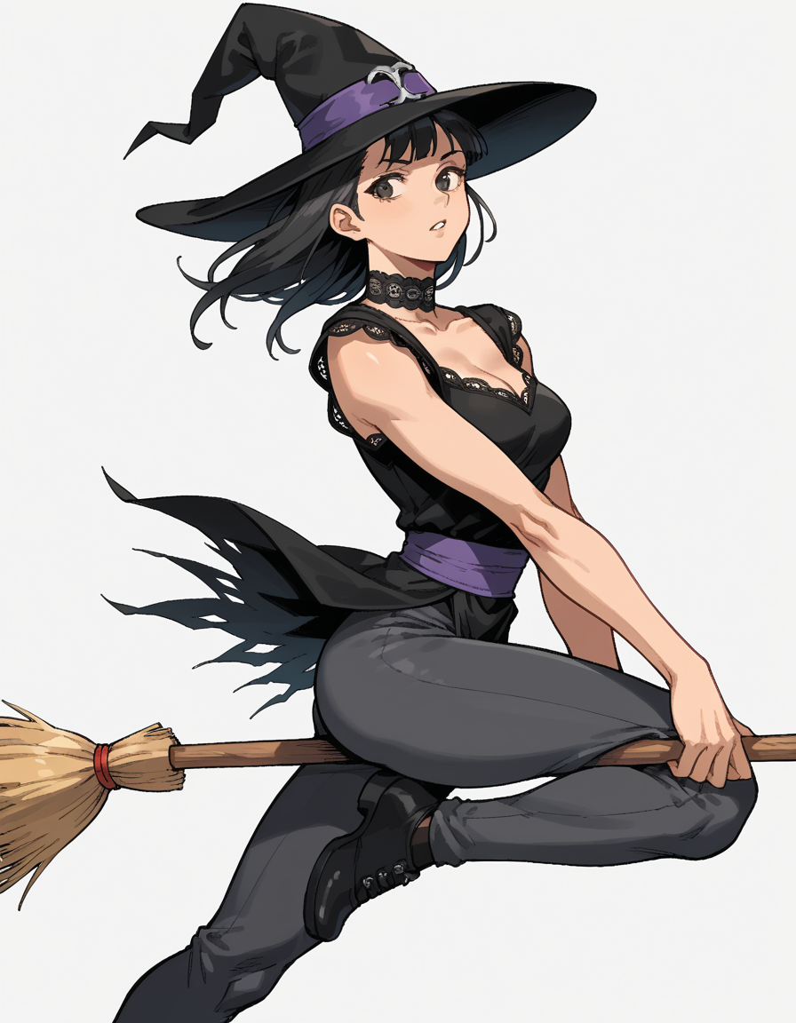 Street Fighter style score_9, score_8_up, score_7_up, score_6_up, score_5_up, score_4_up, hud_br00m, 1girl, solo, broom, Charcoal grey period ballgown with layers of tulle, lace trim, adramatic feathered collar, art by Ayami Kojima, broom riding, long black hair, witch hat, <lora:hud_br00m_XLP:0.8>, flying