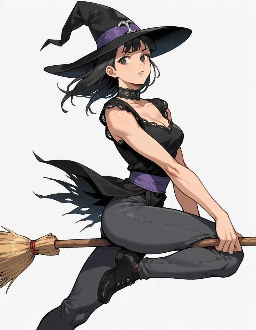 Street Fighter style score_9, score_8_up, score_7_up, score_6_up, score_5_up, score_4_up, hud_br00m, 1girl, solo, broom, Charcoal grey period ballgown with layers of tulle, lace trim, adramatic feathered collar, art by Ayami Kojima, broom riding, long black hair, witch hat, <lora:hud_br00m_XLP:0.8>, flying