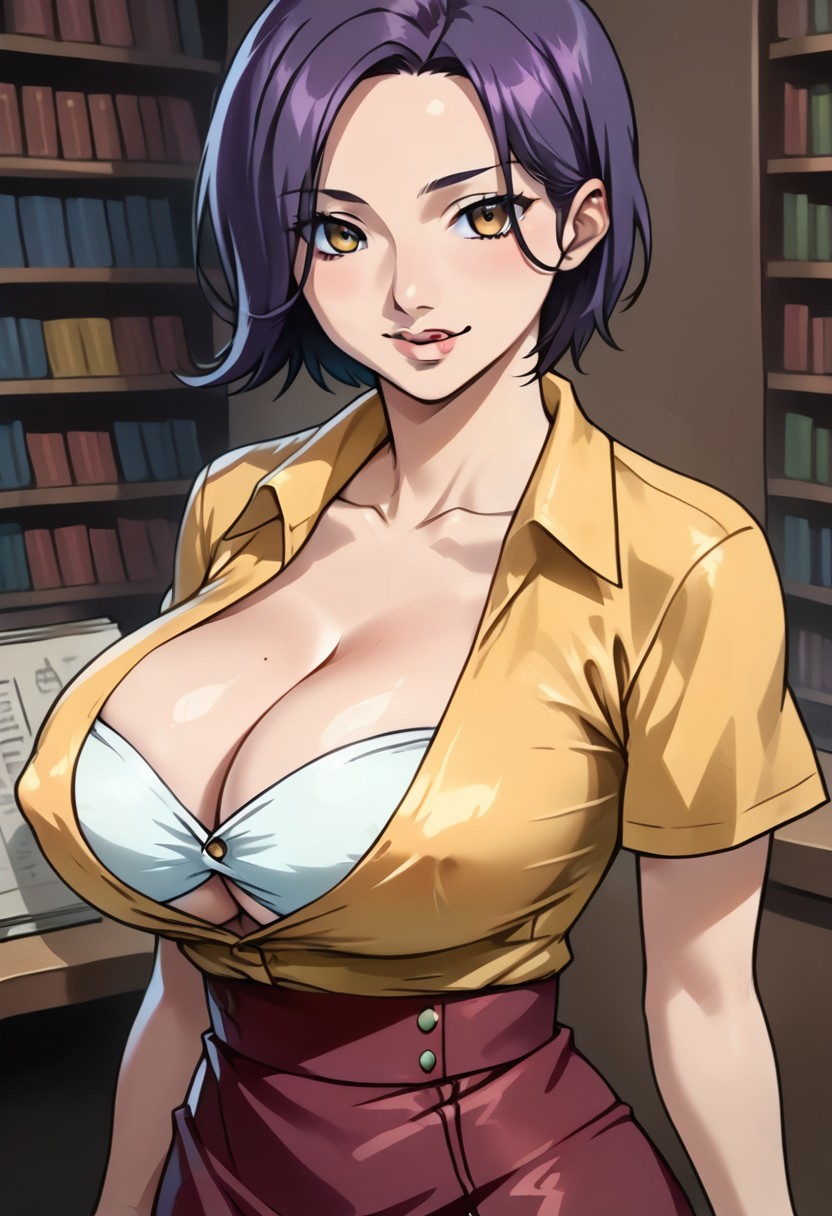 SCORE_9, SCORE_8_UP, SOURCE_ANIME, REALISTIC, BREAK, 1FEMALE, HANAE ITAZURA, SOLO, ASS FOCUS, FROM BEHIMD, PORTRAIT, SHORT HAIR, VIOLET HAIR, HAZEL EYES, HIGH-LOW SKIRT, RED SKIRT, OPEN YELLOW SHIRT, SHORTSLEEVE SHIRT, CLASP BRA, BURSTING BREASTS, PUFFY NIPPLES, SHOWING TITS, LICKING LIPS, CLEAVAGE, BREAK, LIBRARY, HIGH RESOLUTION, VIVID TEXTURES