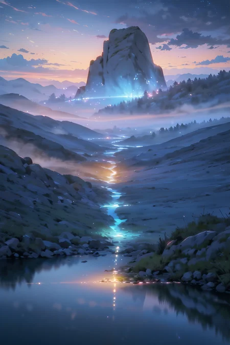 By Tomek Setowski,by Brian miller,ethereal glow. The sky should be a mesmerizing blend of deep blues and soft purples,with a faint,ethereal glow on the horizon. Show a mystical terrain,featuring delicate,bioluminescent flora and fauna that illuminate the landscape with gentle,otherworldly radiance. Let the scene emanate a sense of tranquility,mystery,and a touch of magic. Focus on intricate details and realism to create an image that transports viewers to this captivating twilight,<lora:Detailed_Places_R-128_v1:0.7>,no humans,scenery,
