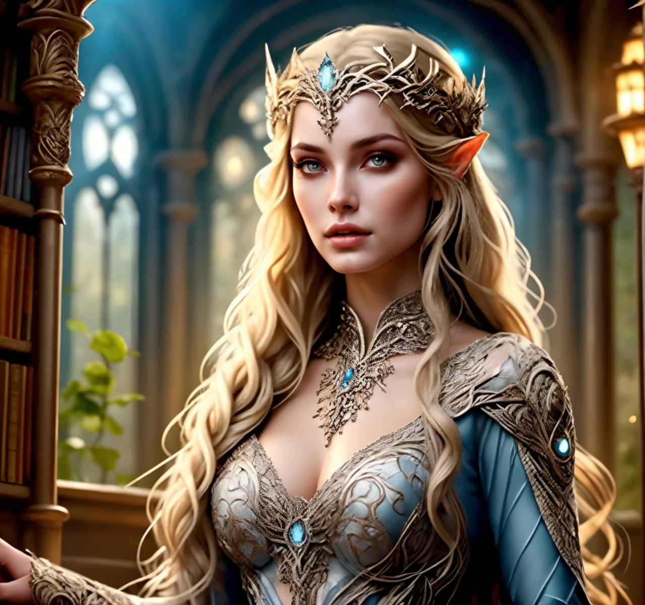 RAW photo, (masterpiece:1.3), subsurface scattering, heavy shadow, (high quality:1.4), (intricate, high detail:1.2), professional photography, HDR, High Dynamic Range, realistic, ultra realistic, photorealistic, high resolution, film photography, ambient lighting, atmospheric effects, <lora:detail_slider_v4:2>, OverallDetail,  <lora:ElfQueen:1>, 1girl, blonde hair, blue eyes, blurry background, breasts, cleavage, elfqueen, french braid, jewelry, lips, long hair, long sleeves, medium breasts, necklace, nose, parted lips, plant, realistic, solo, solo focus, tiara, upper body, wavy hair, <lora:ElvenInterior:0.85>, in a library, elfint,