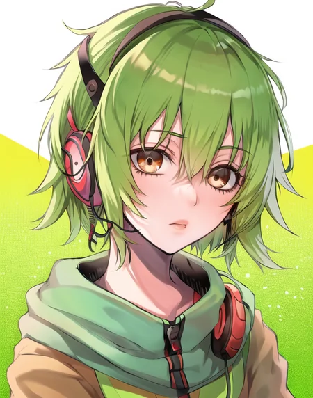 Gumi, solo, ((focus on face)), looking at viewer, white background <lora:Gumi_V1-01:0.6>, earphones,