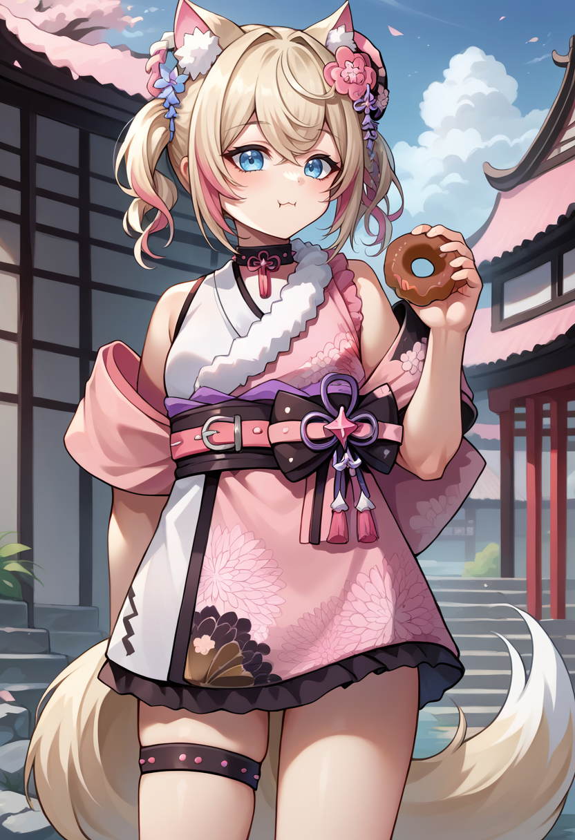 score_9, score_8_up, source_anime, 1girl, solo, MococoNewYears, short hair, wavy hair, twintails, streaked hair, hair flower, hair ornament, kouhaku nawa hair bow, spiked choker, neck tassel, pink kimono, short kimono, fur-trimmed kimono, floral print, uneven sleeves, cross-laced sleeve, single bare shoulder, pink obi, thigh straps, tail, outdoors, shrine, eating donut, happy, <lora:ChamMococoAbyssgardPonyXL:1>
