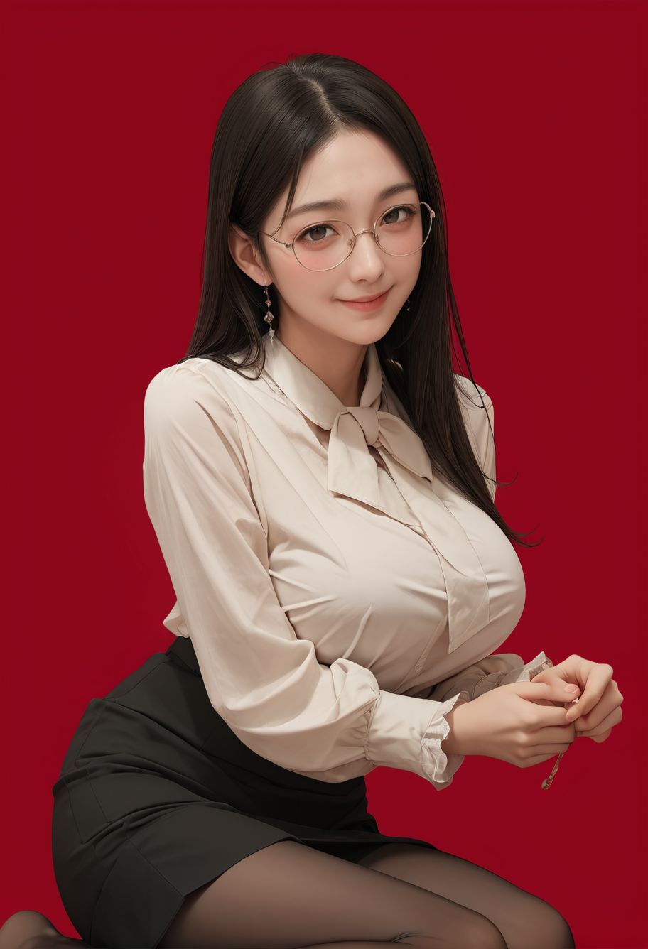 1girl,solo,red background,,ruanyi0906,black pantyhose,black skirt,blouse,glasses,long sleeves,<lora:0906 Home wear 6_v1_pony:1>, score_9, score_8_up, score_7_up, score_6_up, score_9, score_8_up, score_7_up, score_6_up source_anime, blush, 1girl, seduce smile, perfect body , natural huge breasts