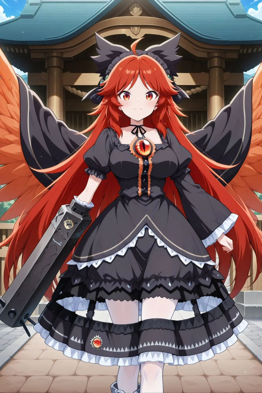 absurdres, highres, masterpiece, best quality, amazing quality, official anime artwork, screencap, anime screencap, outdoors, looking at viewer, light smile, dynamic pose, standing,
<lora:Utsuho-Reiuji_IllustriousV2:1>reiuji utsuho, 1girl, solo, red eyes, red hair, long hair, ahoge, orange wings, bird wings, third eye, breasts,, reiuji utsuho \(the tiny queen's charcoal maker\), alternate costume, alternate hair color, black hairband, frilled hairband, black bow, hair bow, black neck ribbon, black cape, black dress, asymmetrical sleeves, wide sleeves, frilled sleeves, frilled skirt, white pantyhouse, arm cannon, black cannon, chains, crenoline, detached skirt, green jewel,
day, shrine,