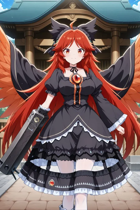 absurdres, highres, masterpiece, best quality, amazing quality, official anime artwork, screencap, anime screencap, outdoors, looking at viewer, light smile, dynamic pose, standing,
<lora:Utsuho-Reiuji_IllustriousV2:1>reiuji utsuho, 1girl, solo, red eyes, red hair, long hair, ahoge, orange wings, bird wings, third eye, breasts,, reiuji utsuho \(the tiny queen's charcoal maker\), alternate costume, alternate hair color, black hairband, frilled hairband, black bow, hair bow, black neck ribbon, black cape, black dress, asymmetrical sleeves, wide sleeves, frilled sleeves, frilled skirt, white pantyhouse, arm cannon, black cannon, chains, crenoline, detached skirt, green jewel,
day, shrine,