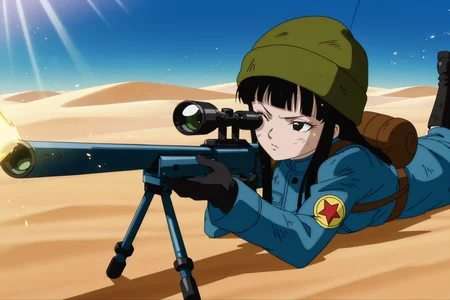 anime screencap, absurdres, high quality, official style,
future mai, official style, 1girl, solo, long hair, black hair, bangs, black eyes, eyelashes, knit hat, green headwear, torn coat, military coat, blue coat, long sleeves, black gloves, print sleeve, red star, star \(symbol\), leather belt, backpack, black footwear, boots, lying, on stomach, sniper rifle, aiming at another, bipod, looking through scope, blue sky, desert, one eye closed, dirty clothes, v-shaped eyebrows, firing, dappled sunlight,
light particles, light rays,
<lora:Mai_IL:0.8>