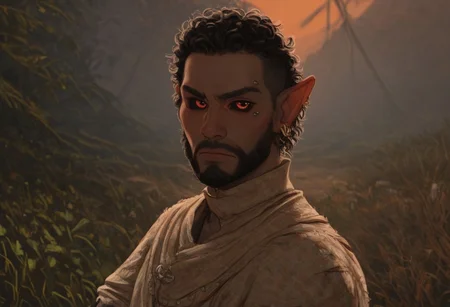 solo, short pointy ears, full body, piercings, random elf face, aquiline features, male dark elf, masculine, facial hair, brow rings, beaded piercings, weathered skin, blue-grey skin, chiseled features, large nose, insect chitin armor, insect chitin helmet, insect chitin ornaments, stylized insect pattern, athletic build,  animated realism, zoomed out, Syrian features, torso, yurts, tents, native camp, elegant berber tapestries, dead desert trees, ash dunes, distant volcano, ashy soil, grey green foliage, distant grey hills, sunrise, gloomy lighting, grey fabric awnings, dark wood posts, light dust clouds, grey-blue skin, grey skin, mahogany and ivory clothes, medium armor, bone plate armor, ivory straps and fittings, alien bone ornaments, grey wood neckguard, dark red sclera, black pupils, blue-green light, neon, highly detailed, defined features, looking at viewer, three quarters view, from side, dynamic lighting, 29 years old, light and shadows, patterned cloth, annoyed expression, expressive eyes, detailed medieval clothes, short hair, wavy hair, thick hair, beaded hair, braided hair, under cut hair, semirealistic, alien elf, spanish features, jewish features, black hair, dark red hair, umber skin, sharp features, pastel green inuit print cloak, nighttime, high detail, absurdres, pretty eyes, detailed eyes, red eyes,