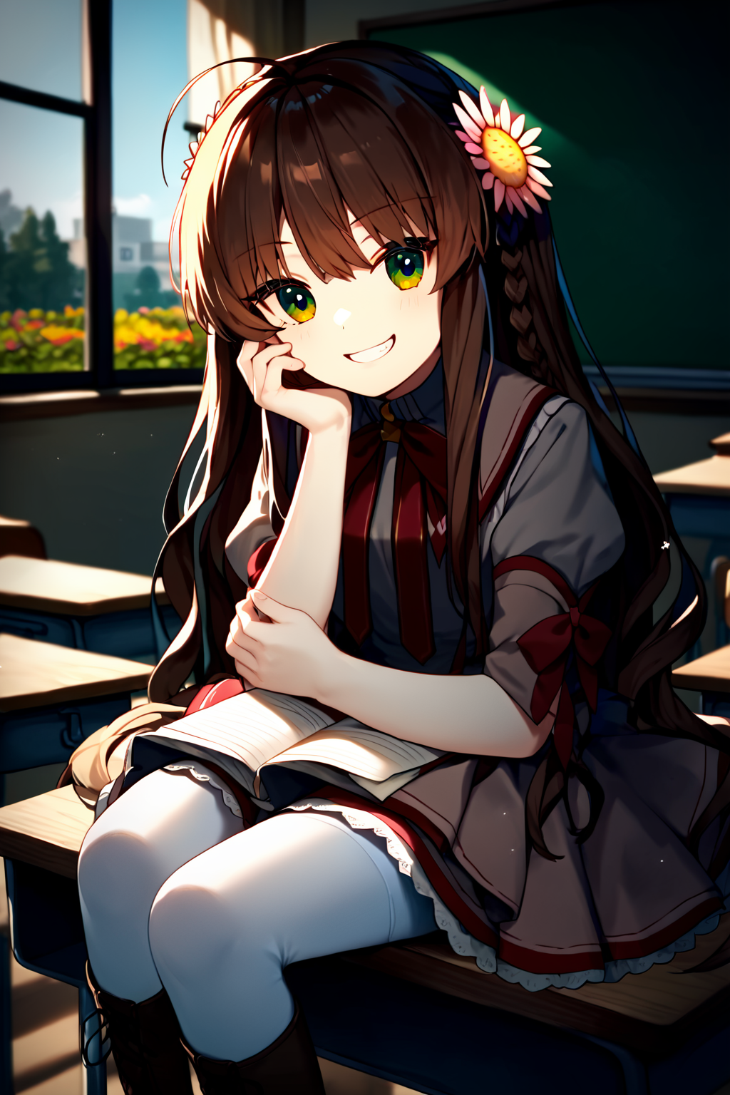 score_9, score_8_up, score_7_up, score_6_up, rating_safe, source_anime, best quality, masterpiece, detailed eyes, detailed background, classroom, sitting on desk, <lora:kanbe-kotori-xl-05:1.2>, kanbe kotori, rewrite uniform, white leggings, brown boots, ahoge, flower hairpins, green eyes, touching own face,(smug), grin,