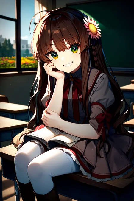 score_9, score_8_up, score_7_up, score_6_up, rating_safe, source_anime, best quality, masterpiece, detailed eyes, detailed background, classroom, sitting on desk, <lora:kanbe-kotori-xl-05:1.2>, kanbe kotori, rewrite uniform, white leggings, brown boots, ahoge, flower hairpins, green eyes, touching own face,(smug), grin,