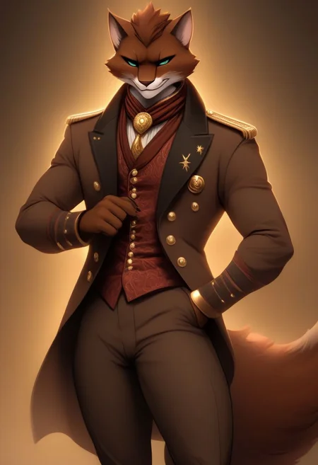 Fit, tabaxi, male, Uniform, dancer, elegant, leader, solid brown fur, calm, smirk, dark brown fur