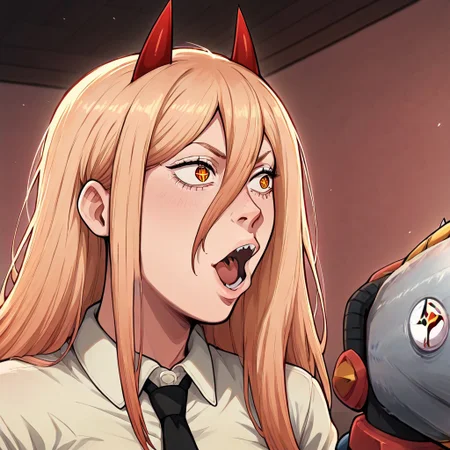 masterpiece, best quality, newest, absurdres, highres, anime, anime style, POG-V1.0IL, pogchamp (meme), meme, :o, 1girl, power (chainsaw_man), demon horns, long hair, blonde hair, very long hair, red horns, black necktie, horns, cross-shaped pupils, shirt,