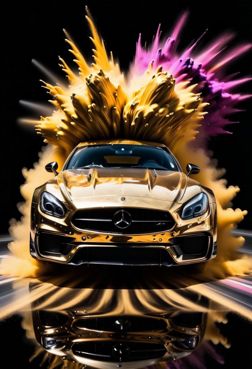GOLD LIQUID METAL sports car, race car, racing through SILVER LIQUID METAL, liquid metal sprays up from the cars tyres, Car drifting in a black void, huge Colorful Powder Explosion above the car