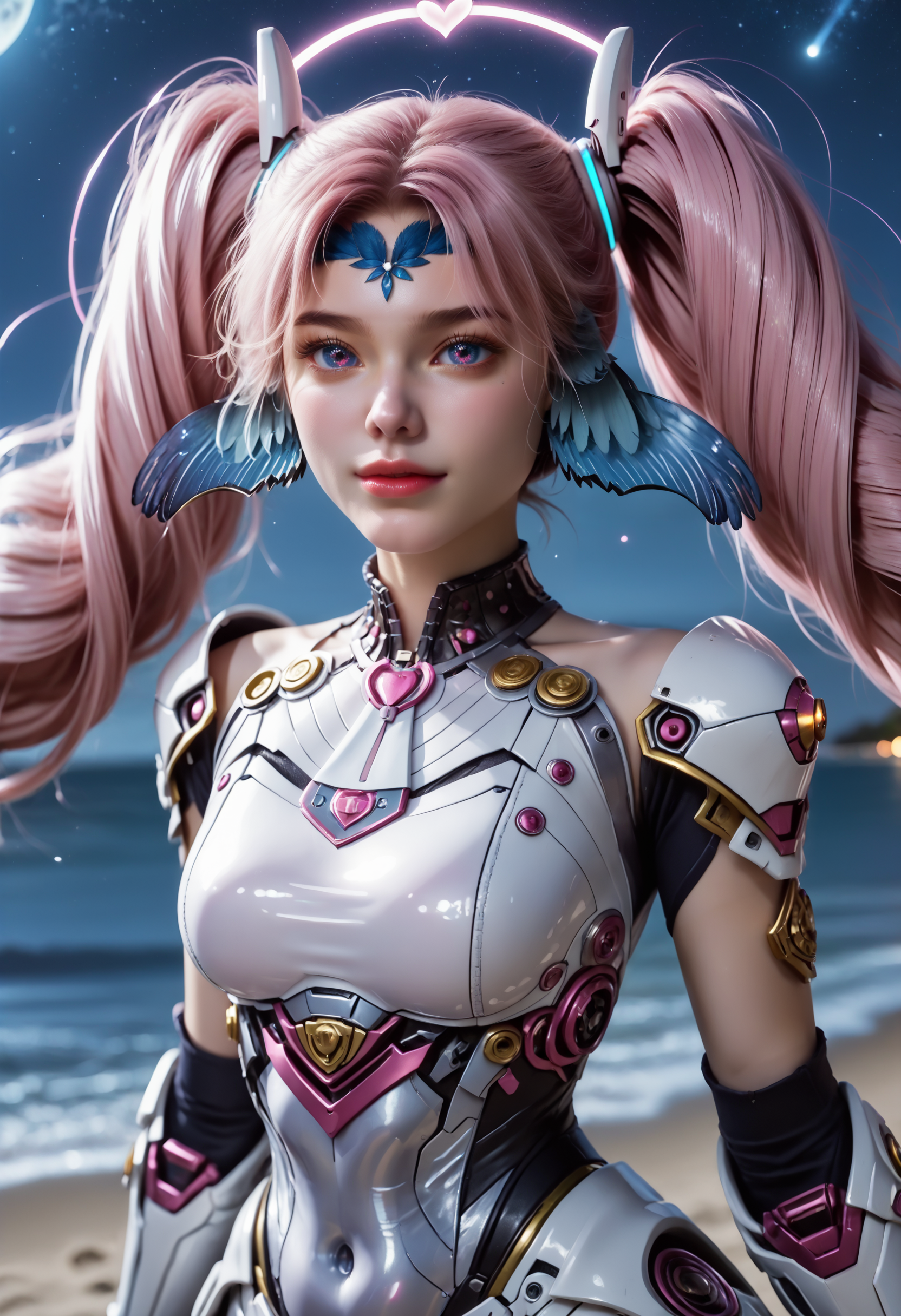 Masterpiece, best quality, amazing quality, very aesthetic, high resolution, ultra-detailed, absurdres, HDR, cinematic lighting, highres, newest, 
aichen, 1girl, pink hair, solo, long hair, twintails, drill hair,  purple eyes, blue head wings, blue forehead jewel, hair ornament, glowing golden rings on the twintails at the end, dutch_angle, pink aura, heart, dynamic_pose, bodysuit, realistic, photorealistic, cropped_hoodie, pleated_skirt, night, moonlight, white_legwear, white_footwear, beach, blush_stickers, full-face_blush, garter_straps, close, bokeh, portrait,