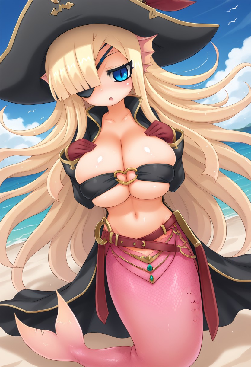 score_9, score_8_up, score_7_up,masterpiece,best quality,absurdres,1girl,solo,arekishi style,mgqbonnie,mermaid,blonde hair,blue eyes,pirate hat,pirate costume,large breasts,cleavage,navel,belt,red gloves,sand,sky,shore