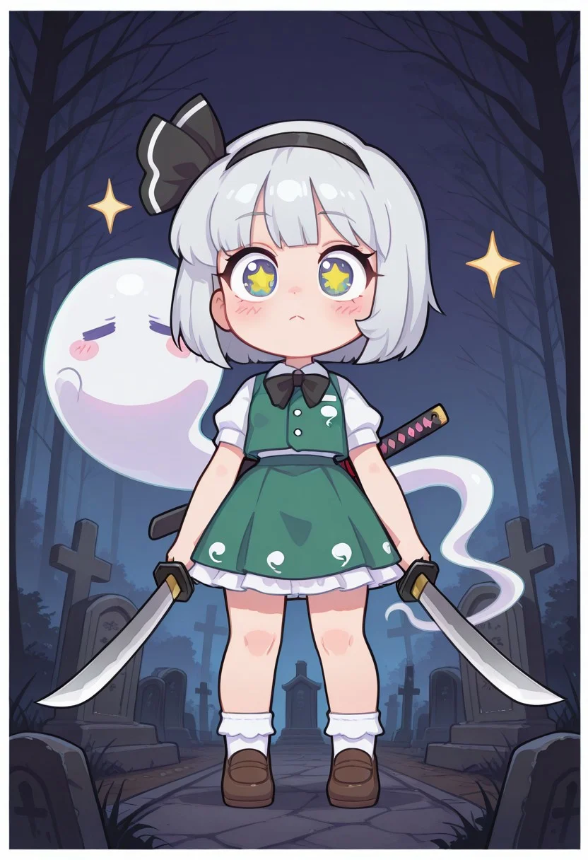 incredibly_absurdres, amazing_background, best quality, soft_colors, (chibi:0.7), star_(symbol), sparkle, white border, konpaku_youmu_(ghost), 1girl, ancient graveyard, crumbling tombstones, misty atmosphere, katana, wakizashi, twin blades, serious demeanor, searching gaze, kawaii_babes_style, SNRA-illu