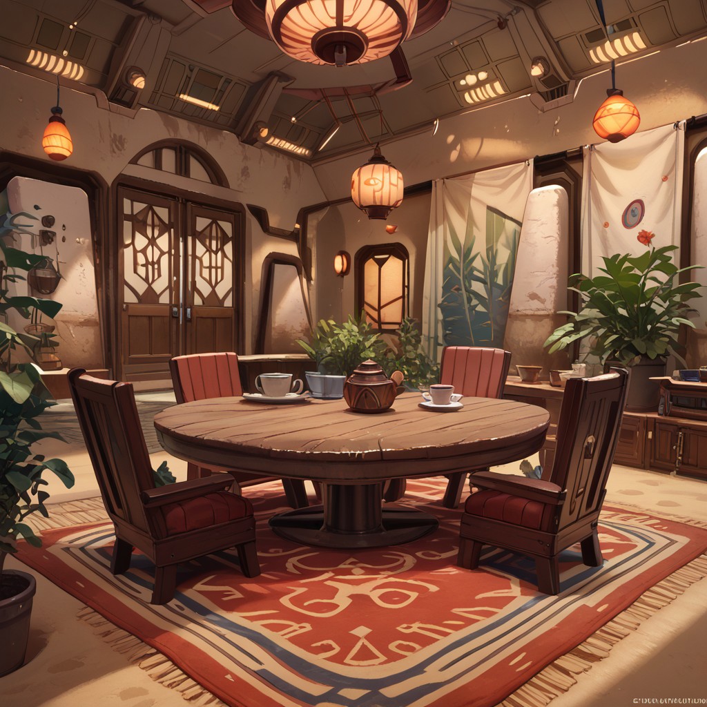 score_9, score_8_up, score_7_up, tatooine, homestead, star wars, table, lamp, plant, chair, cup, indoors, carpet, rug