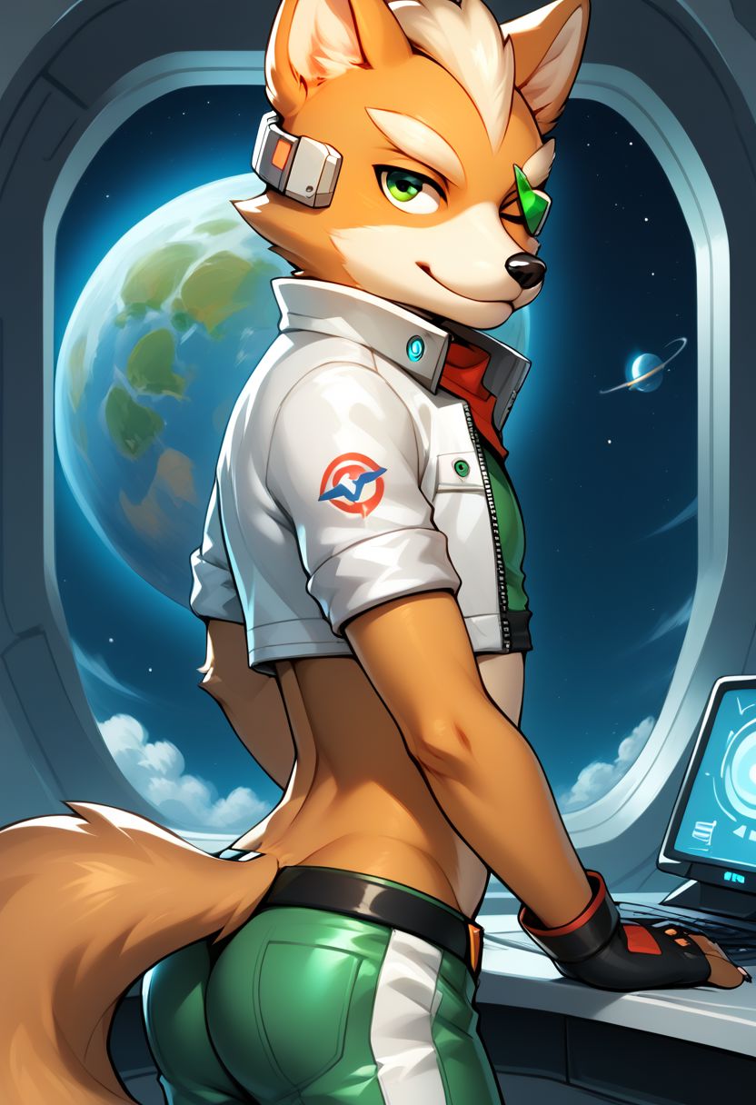 score_9, score_8_up, score_7_up, score_6_up, score_5_up, score_4_up, (Furry:1.1), (anthro:1.1), (sexy:1.2) Fox McCloud, male, spaceship, solo, midriff, (navel:1.1), sexy look, winking, side view, cute butt, source_furry