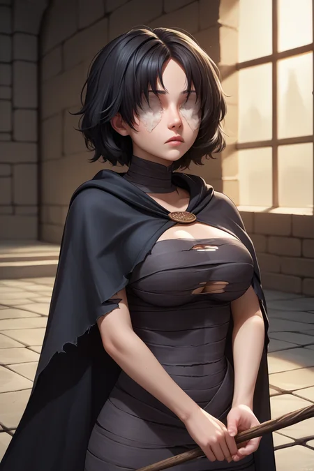 score_9, score_8_up, source_7_up, source_anime BREAK 1girl <lora:maideninblack-pdxl-nvwls-v1:1> maideninblack, black hair, black cape, torn cape, black dress, black bandages, covered eyes, large breasts, looking at viewer, dark building, dungeon, stone floors, holding a long stick, expressionless, upper body, looking up