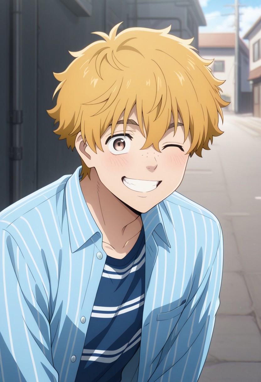 masterpiece,best quality,amazing quality, source_anime,
AkihikoNirei, 1boy, male focus, solo, brown eyes, blonde hair, freckles, smile, happy, grin, one eye closed, striped shirt, blue shirt, collared shirt, open shirt, outdoor,