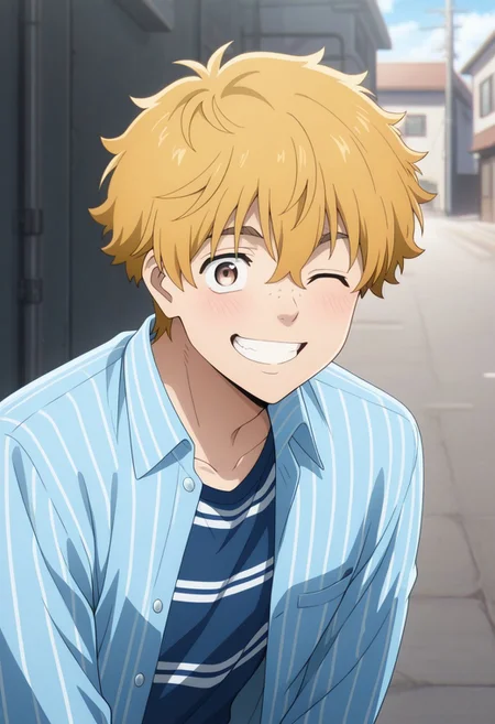 masterpiece,best quality,amazing quality, source_anime,
AkihikoNirei, 1boy, male focus, solo, brown eyes, blonde hair, freckles, smile, happy, grin, one eye closed, striped shirt, blue shirt, collared shirt, open shirt, outdoor,