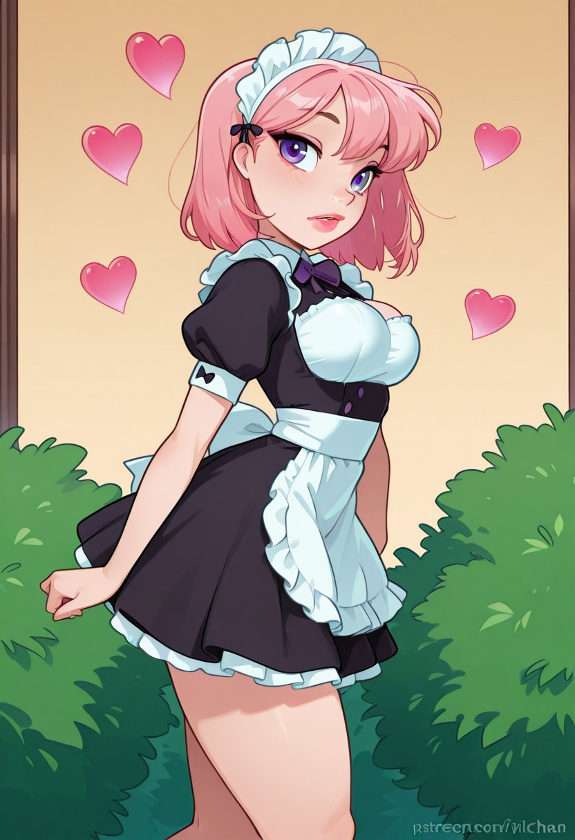 <lora:CivChan:1> side view, CivChan, purple eyes, pink hair, maid outfit, medium breasts, full lips, floating hearts, hearts, doing the homer Simpson walking backward meme, Large bush in background