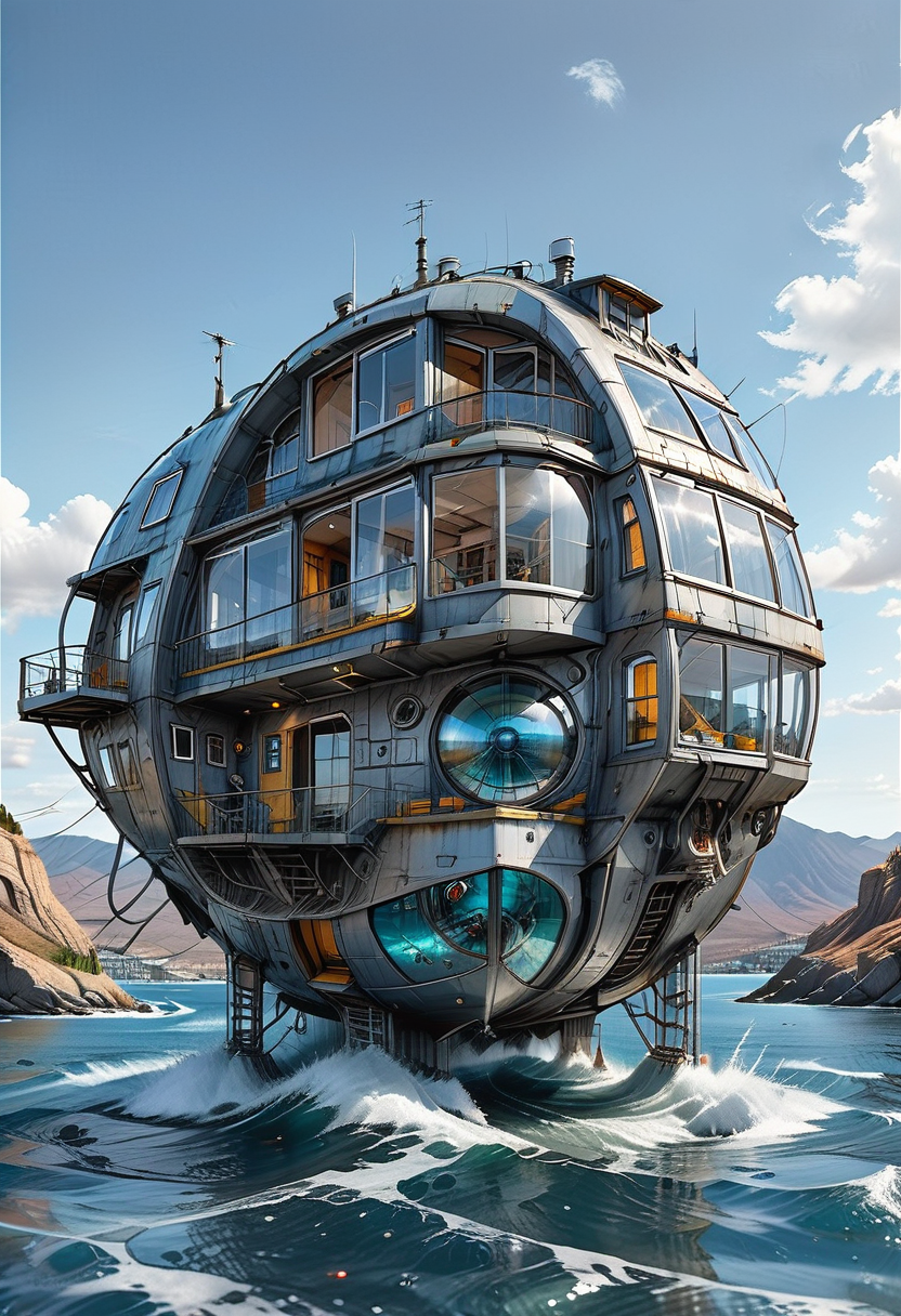 no humans, outdoors, water, sky, cloud, scenery, ocean, mountain, waves, day, science fiction, window, Walking vehicle, Traction City, gray paint
(ultra sharp focus:2), (detailed windows:2), (thin lines:2), 
(best quality:1.8),
<lora:Apparatus - Traction City Walkers Vehicles_epoch_11:0.8>
