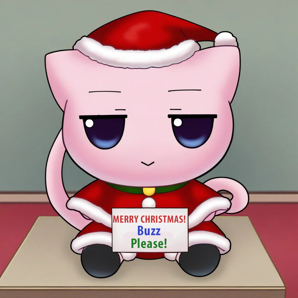 fumo \(doll\), chibi, sitting, christmas outfit. mew (pokemon), holding blank white sign