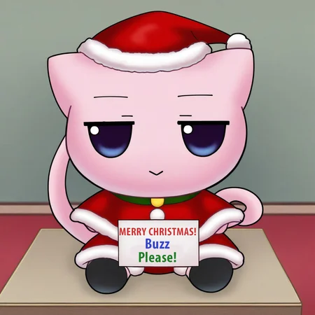 fumo \(doll\), chibi, sitting, christmas outfit. mew (pokemon), holding blank white sign