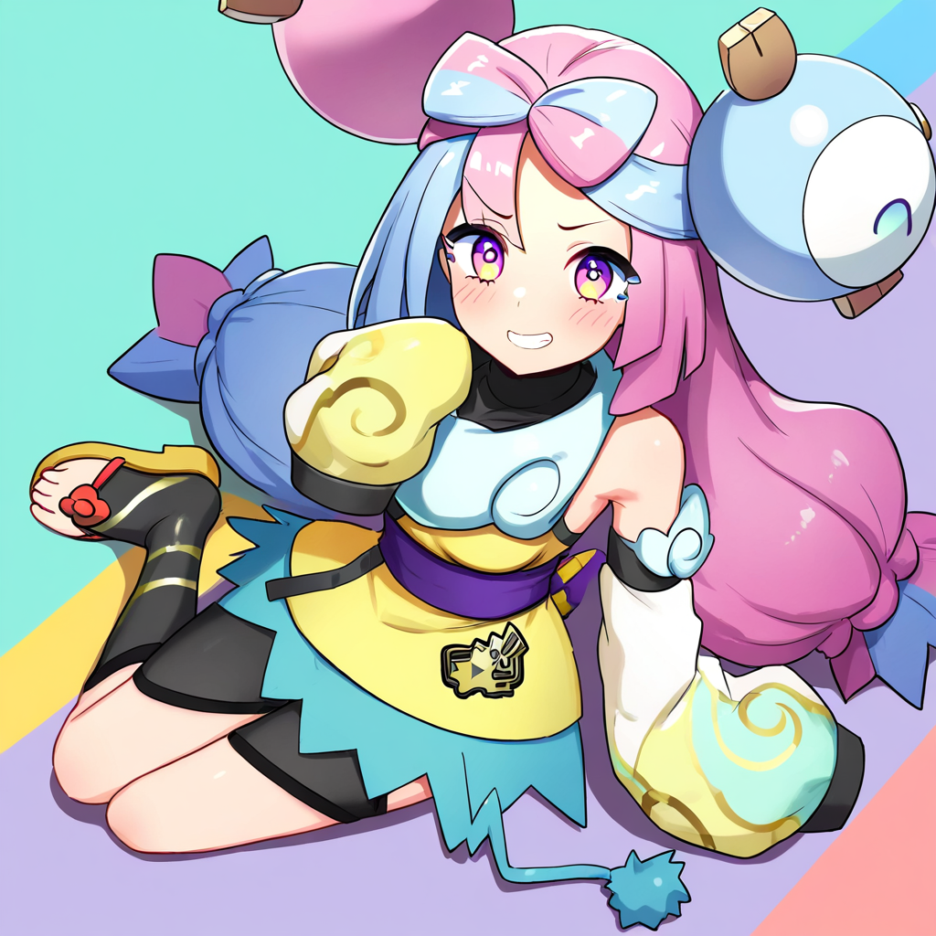 2d, masterpiece, best quality, amazing quality, highres, absurdres, newest, 1girl, solo, sitting, yokozuwari, from above, dutch angle, looking at viewer, multicolored background, simple background, colorful background, medium breasts, sygiono, def colors,  purple hair, blue hair, purple eyes, bow-shaped hair, low-tied long hair, character hair ornament, black shirt, sleeveless dress, two-tone dress, white dress, yellow dress, detached sleeves, yellow sleeves, white, sleeves, purple collar, bare shoulders, sleeves past fingers, oversized clothes, purple sash, black shorts, toeless legwear, black legwear, kneehighs, sandals, yellow footwear, knees