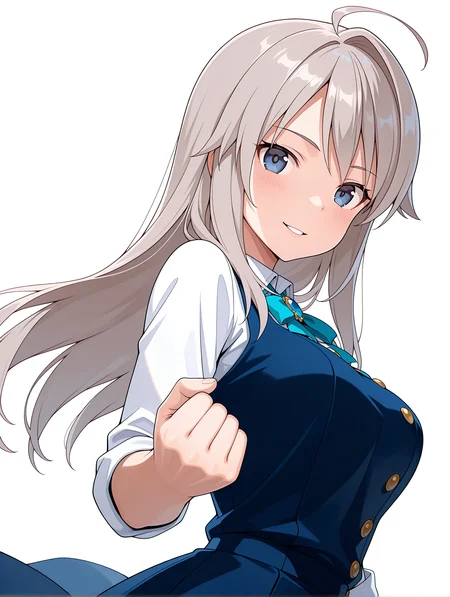 masterpiece,best quality,amazing quality,
1girl,solo,
<lora:k_chieri_ilxl_1.5:1>,chieri,ahoge,grey hair,blue eyes,
amajyo,blue dress,blue skirt,
fist,<lora:Fixhands_anime_bdsqlsz_V1:1>,dynamic_angle,cinematic_angle,looking_at_viewer,standing,posing,simple_background,white_background,upper_body,face_focus,smile,light_blush,parted lips,