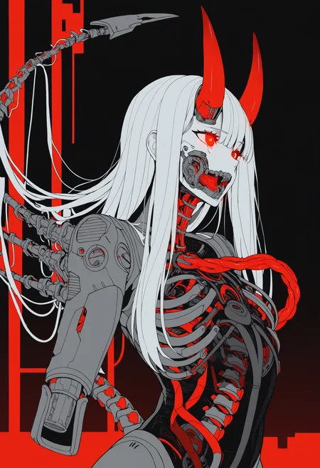masterpiece, best quality, cyborg, ripcage, bone, intestines, red theme, dark theme, limited color palette, lineart, cyberpunk, long hair, white hair, red eyes, glowing eyes, red horns, oni horns, cable, mechanical tail, mechanical, machine, horror \(theme\), metal, abstract background