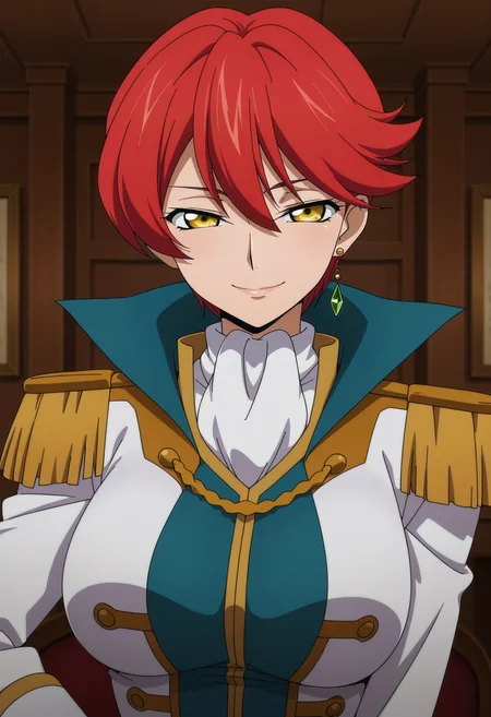 1girl,solo,mm,mature female,short hair,red hair,yellow eyes,single earring,large breasts,anime coloring,
uniform,epaulettes,gloves,ascot,upper body, looking at viewer, smile,indoors
,masterpiece,best quality,amazing quality,<lora:Narah_Vaughn-Code_Geass-Dakkan_no_Rozé:0.8>