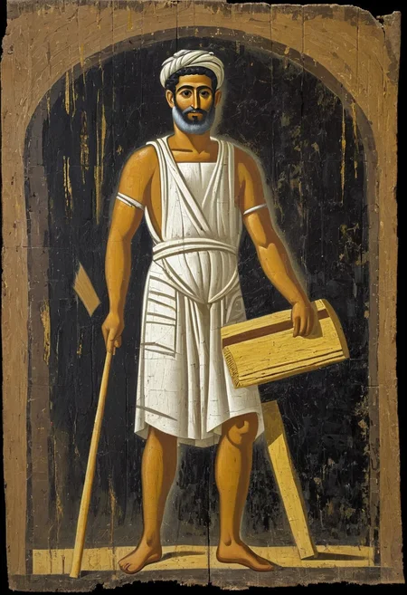 Full body masterpiece fayoum paint portrait of an wood carpenter man 45 years old wear short tunic, no hairs, working figure abstract, dark mooted background colors, fayoum paint fresco