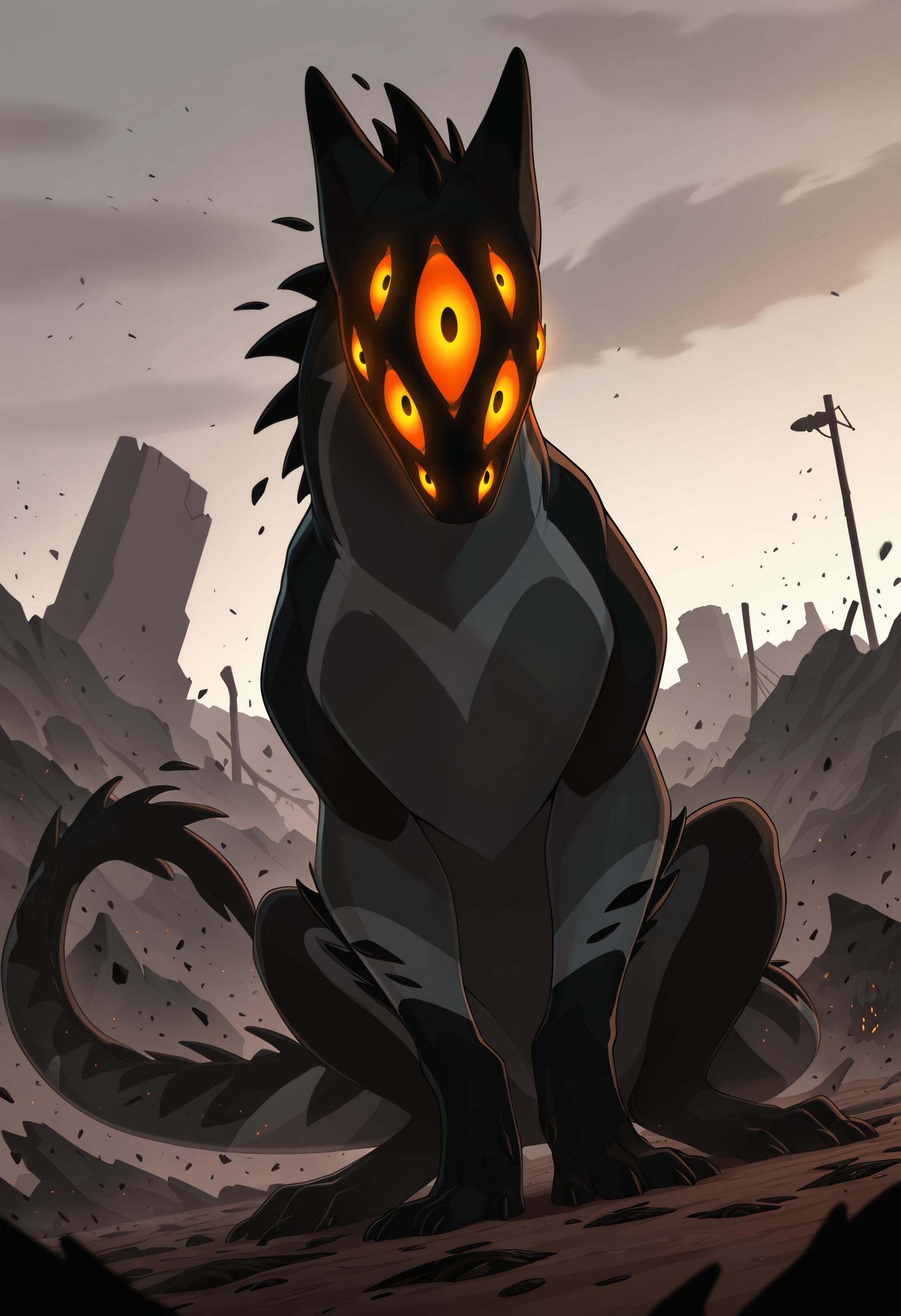photorealism, photorealistic, chromatic aberration, depth of field, detailed background, eye reflections, reflections, detailed body,   dutch angle, male, solo, 1boy, adult, male focus, tail, male focus, looking at viewer, j3rry_cos, extra eyes, (huge feral:1.15), tail, eyes on tail, no humans, solo, glowing eyes, (close up, radiation, ashes, dust, worried, wastelands, zombie apocalypse, infection, particles, broken cars, devastation, destruction, withered plants:1.05), sitting,   masterpiece, best quality, amazing quality, very aesthetic, absurdres, newest,   (artist:syuro:0.8), (artist:nomax:0.5), (artist:honovy:0.6), (artist:kenket:0.6), (artist:taran fiddler:0.6),   <lora:Jerry_Creatures_Of_Sonaria_Illustrious:1.0>,