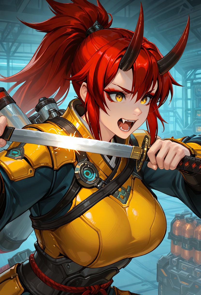 klskx, masterpiece, best quality, amazing quality,  Smooth Quality, hard lighting,
detailed Background, close up, upper body, Yu_Jing, solo,
Oni, Reika, Zeriastra, Skybreaker,1girl, solo, adult, tall female, golden eyes, red makeup, red hair, streaked hair, long hair ponytail, ponytail, short hairs, red and black horns, spiky horns, breasts, large round breasts, muscular, (excited:0.9), open mouth, fangs, 1girl,  wearing heavy armor, jump-pack, roaring, indoor, hangar, yellow armor, sci-fi, holding sword, katana, sparks from Katana's balde.  martial pose